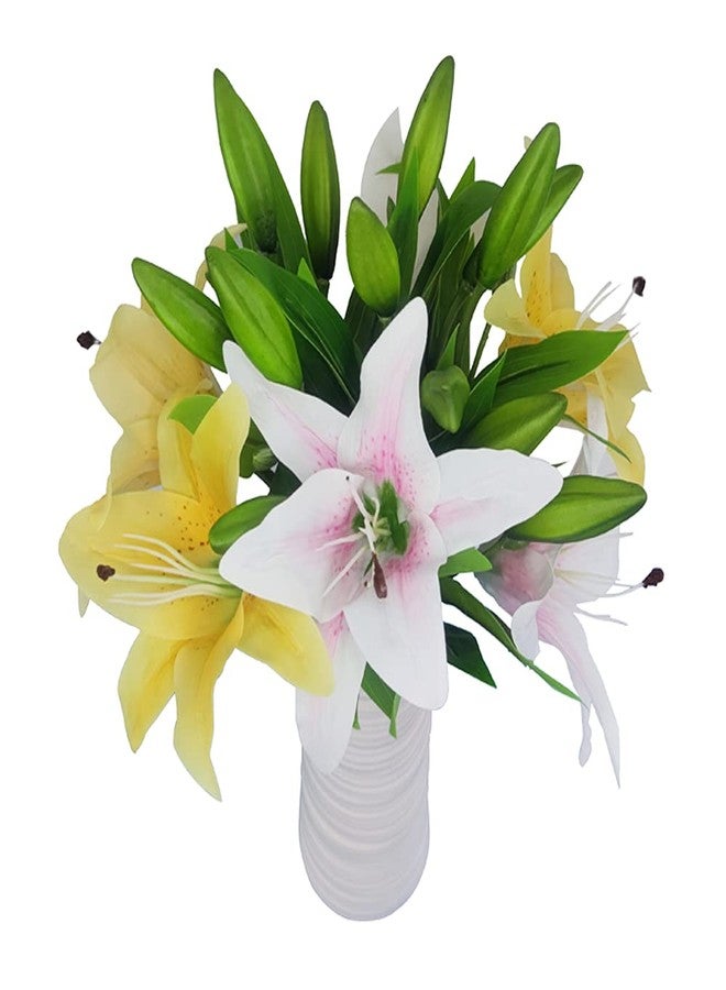 AntranStore 7 Pcs Artificial Lily Flowers Artificial Lilies Flowers for Home Wedding Bouquets Home Hotel Party Decor Graves Arrangement (Yellow,Light Pink) - Image 1